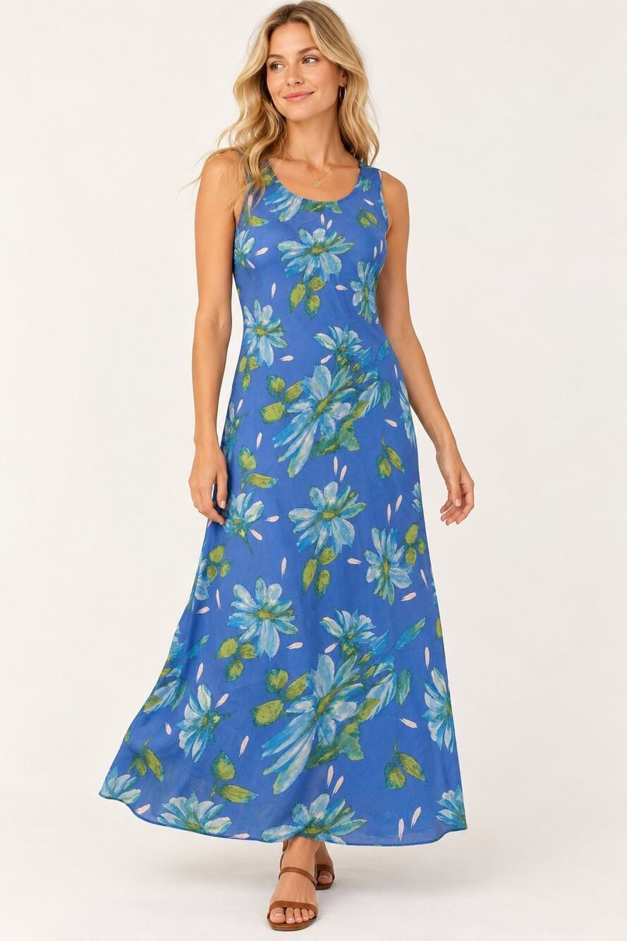 Studio I Vintage 90s Blue Floral Maxi Dress Size 18 Sleeveless Cottagecore